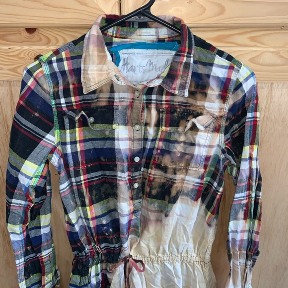 Harts Made factory distressed bleached plaid mini dress size M - Picture 2 of 3